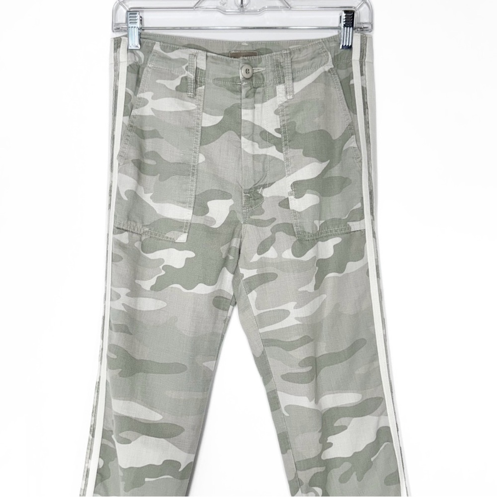 Mother Camo Racer Stripe Fringe Hem Cream Green Straight Leg Cropped Pants 26 - Picture 10 of 15